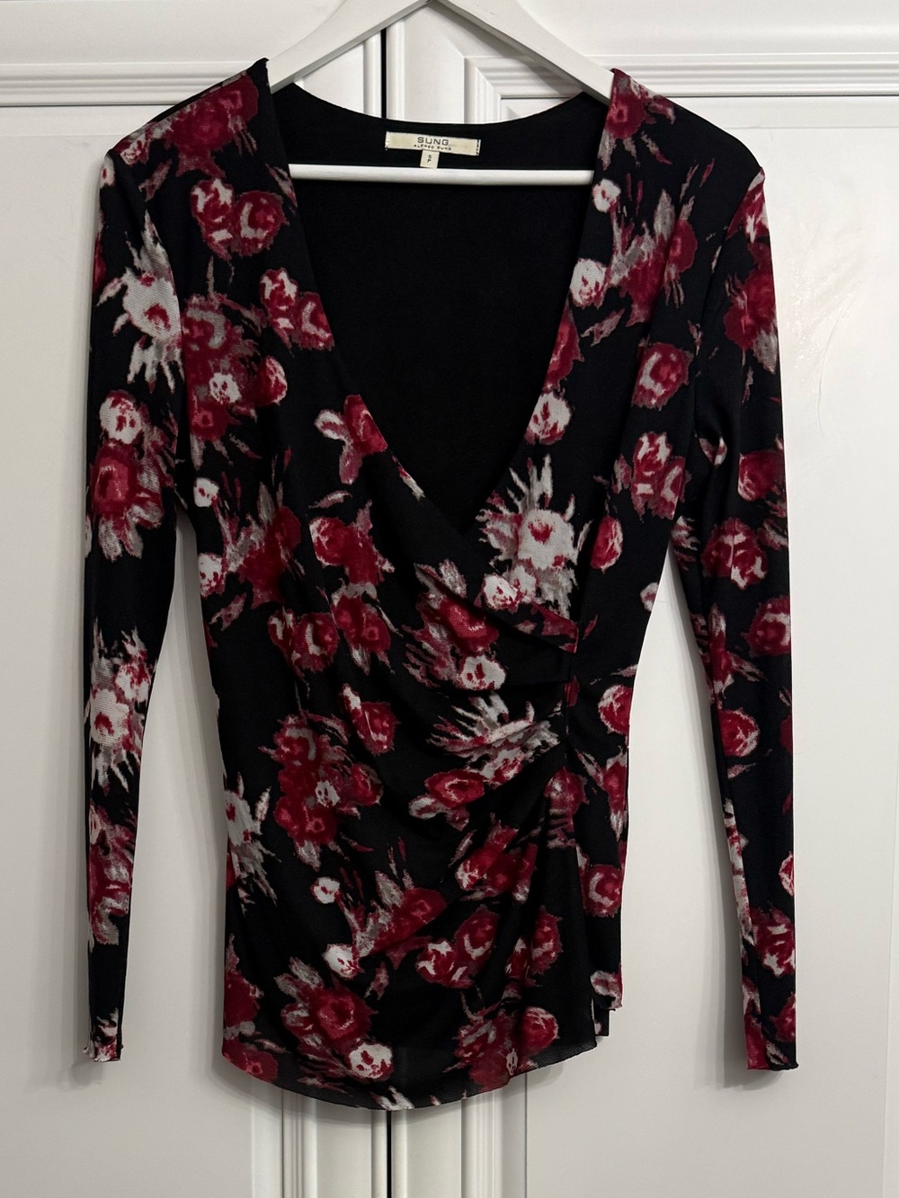 ALFRED SUNG Black V Neck Long Sleeve Floral Faux Wrap Blouse Lined Size Small